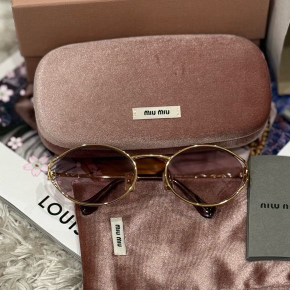 Miu Miu Accessories - Miu Miu Oval Sunglasses | Gold Frame & Pink Lenses | Full Set